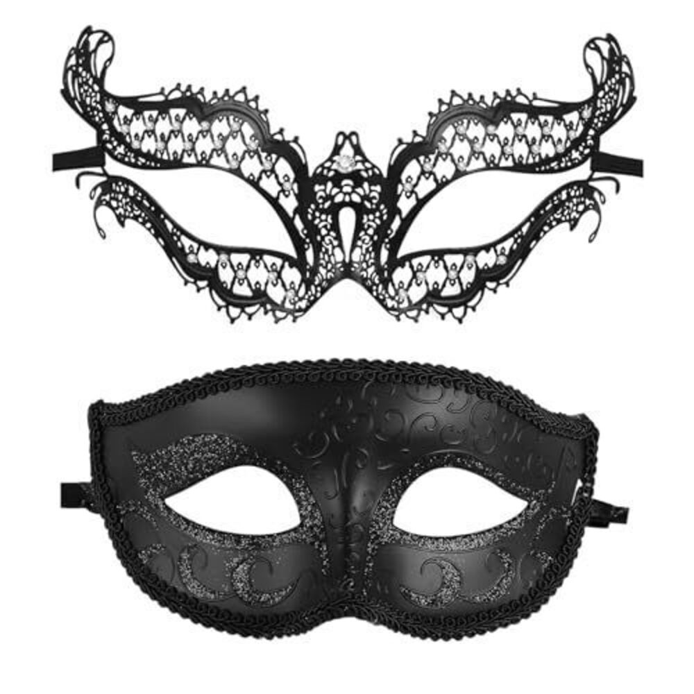 8067 Black Masquerade Mask for Couples: 2 Pack Shiny Rhinestones Metal